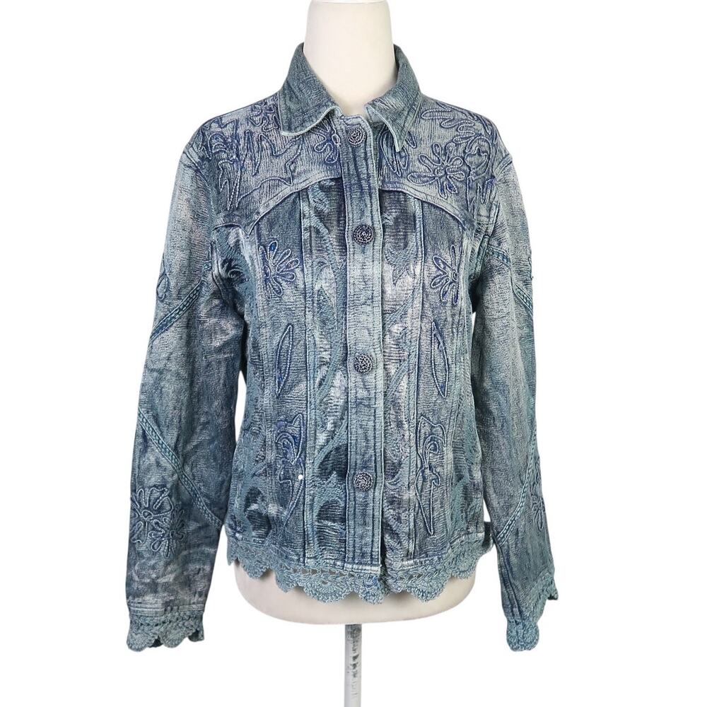 Vintage Y2K Flashback Blue Floral Embroidered Denim Jacket Sequin S